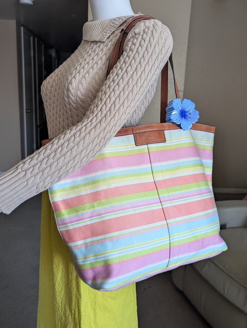 vintage Coach Hampton Pastel Striped Canvas Tote Bag